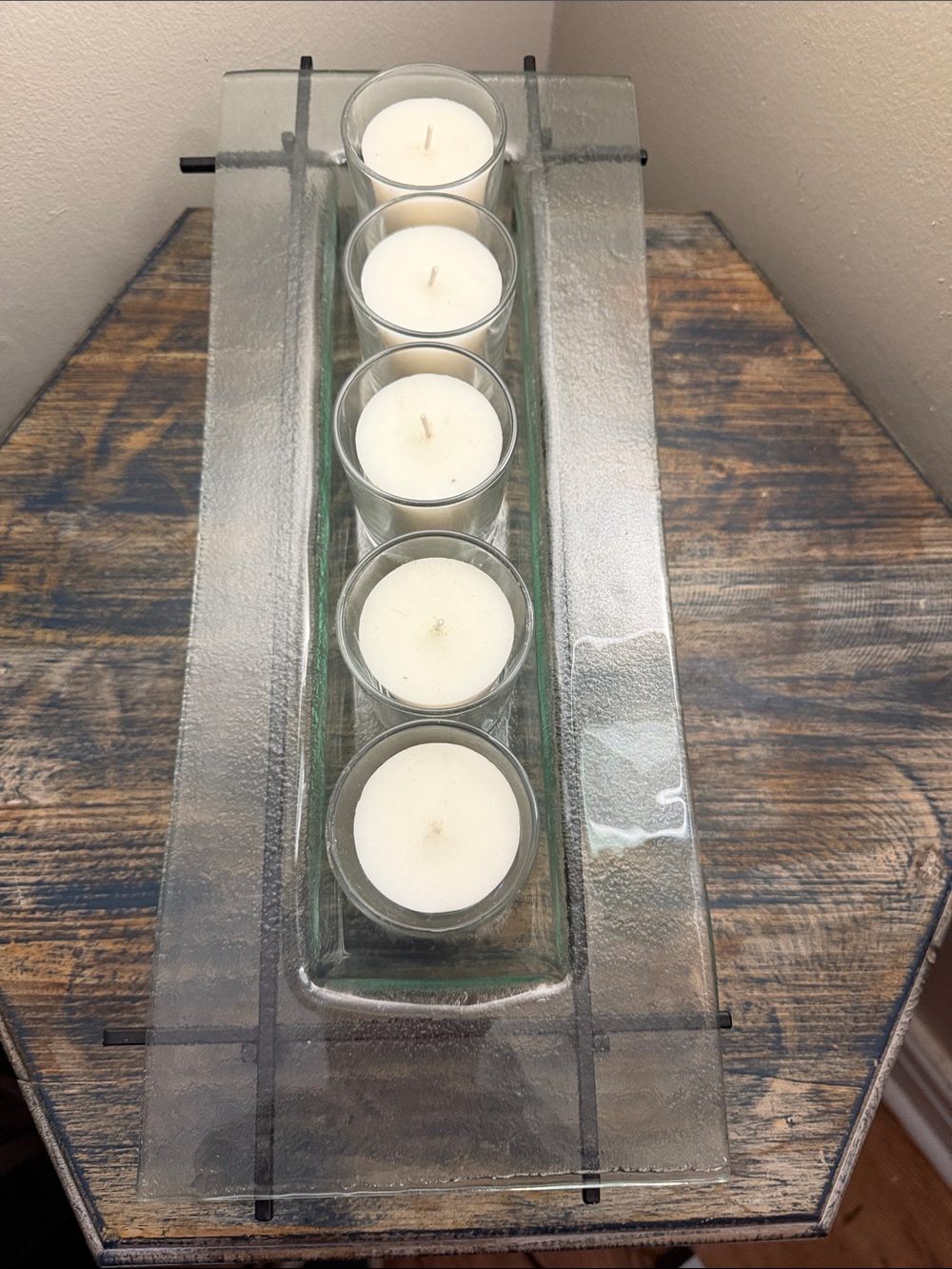 Glass Rectangular Votive Candle Holder with Five White Votives